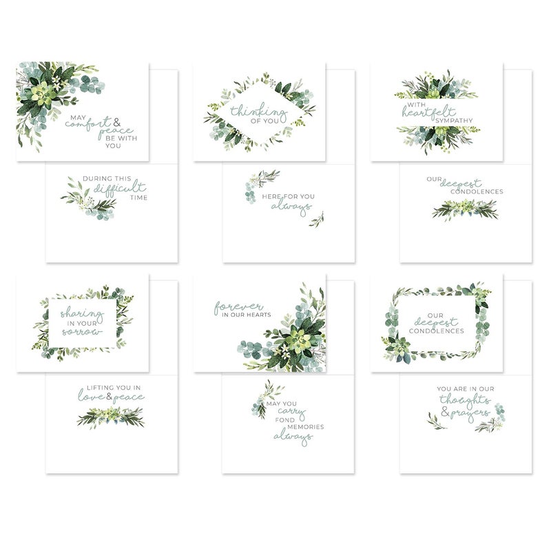 Canopy Street Lush Greenery Sympathy Cards / 24 Thinking Of You Cards With White Envelopes / 6 Modern Designs / 4 5/8" x 6 1/4" Greenery Floral Leaves Condolences Greeting Cards - Image 3